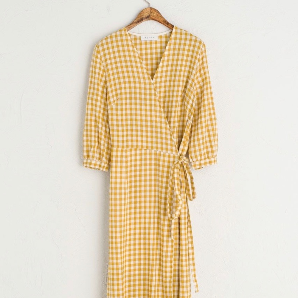 Mustard gingham wrap dress